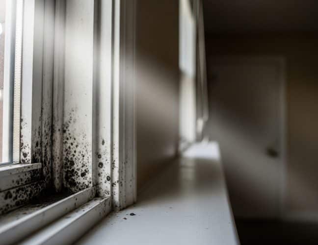 A white window frame with black mold in the corner