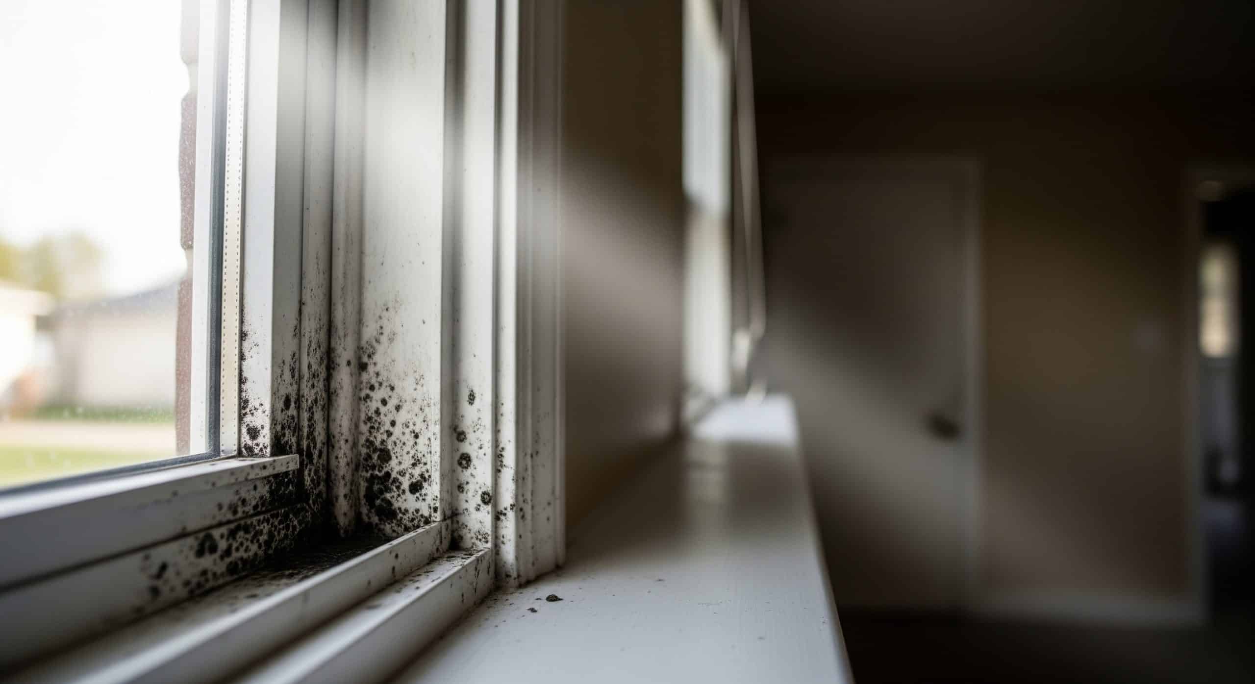 A white window frame with black mold in the corner